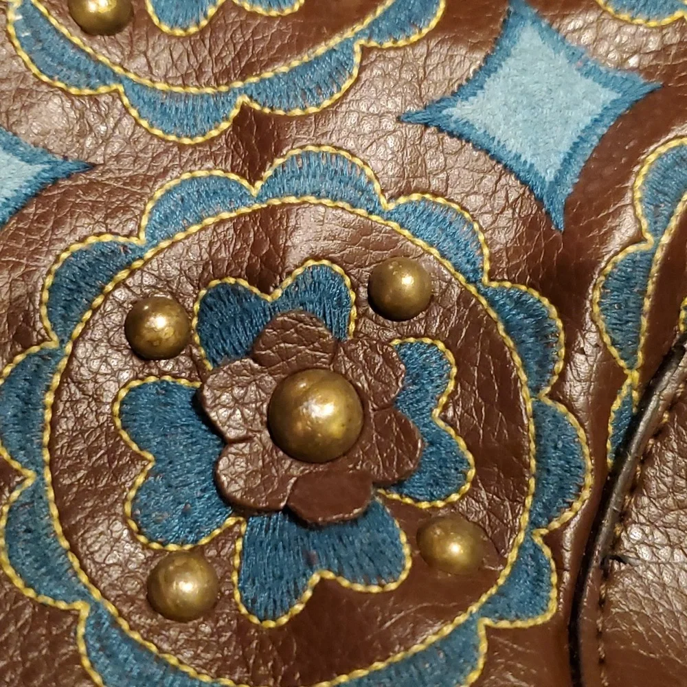 Vintage Brown Hobo Purse with‎ Turquoise Floral Embroidered Cutouts and Studs